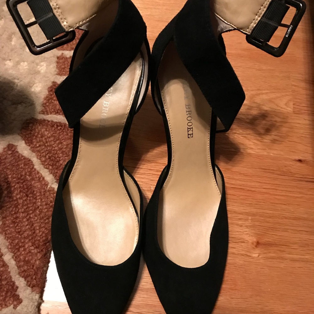 Black suede shoes with low heel